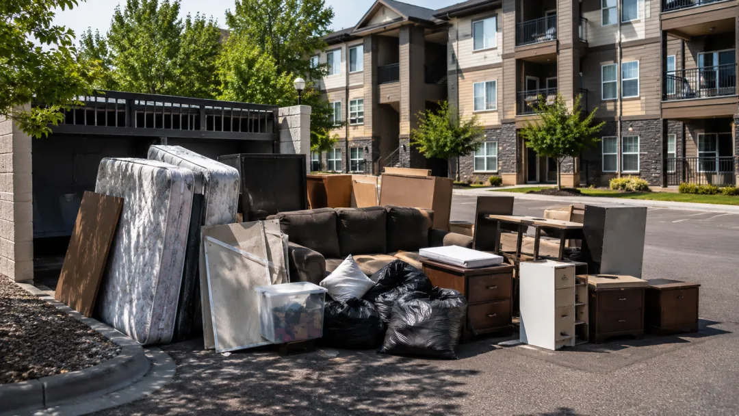 Mattresses, a sofa and bagged trash piled in an apartment parking area for bulk pickup