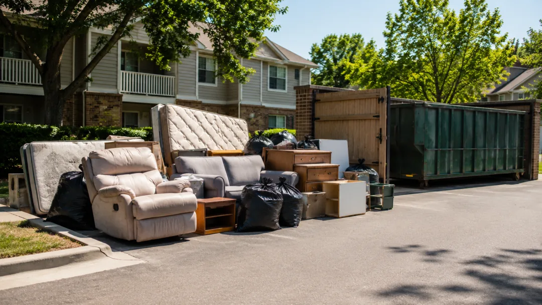 Recliner, mattress and dresser set out beside a dumpster in an apartment courtyard