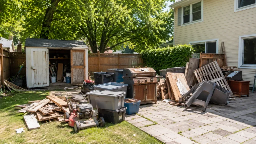 Renovation debris, an old door and scrap lumber cleared onto a backyard patio