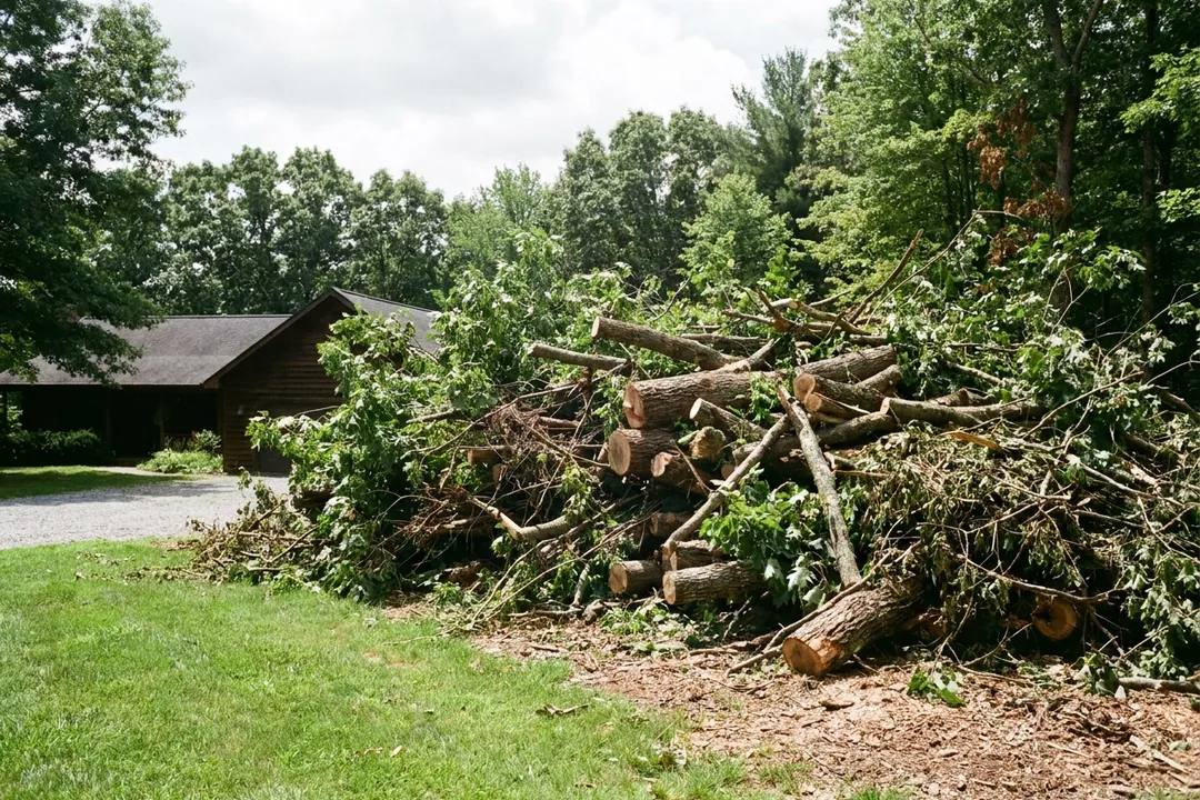 Cut tree limbs and brush piled at the edge of a lawn, ready for hauling