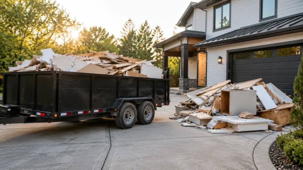 Dump trailer in a driveway filled with drywall and construction debris from a remodel