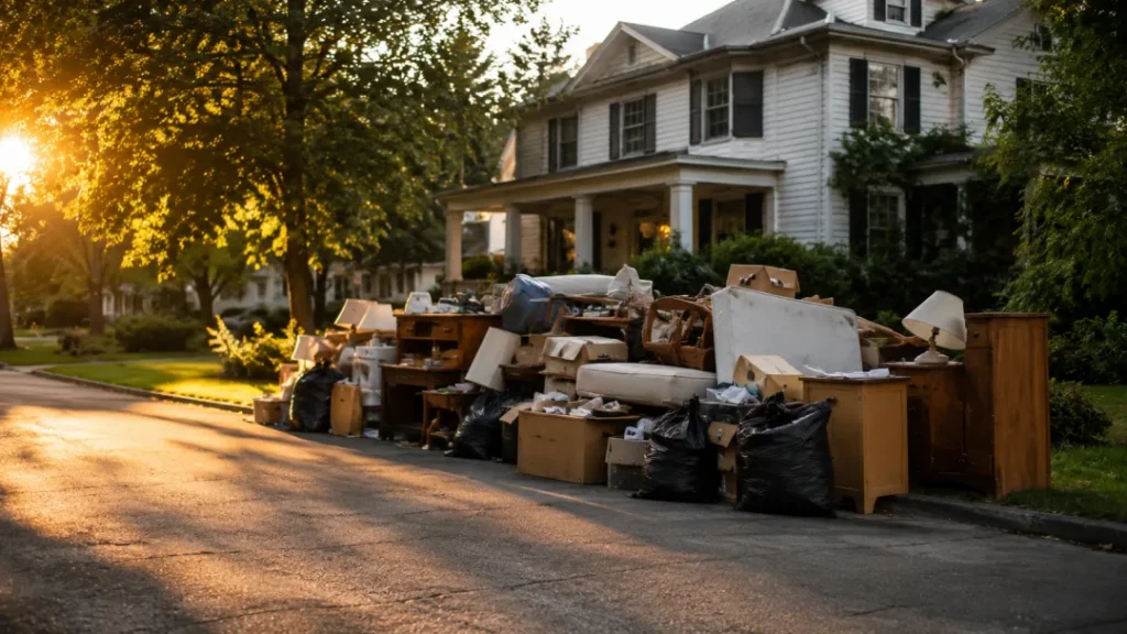Furniture, boxes and trash bags lining a suburban curb in evening light