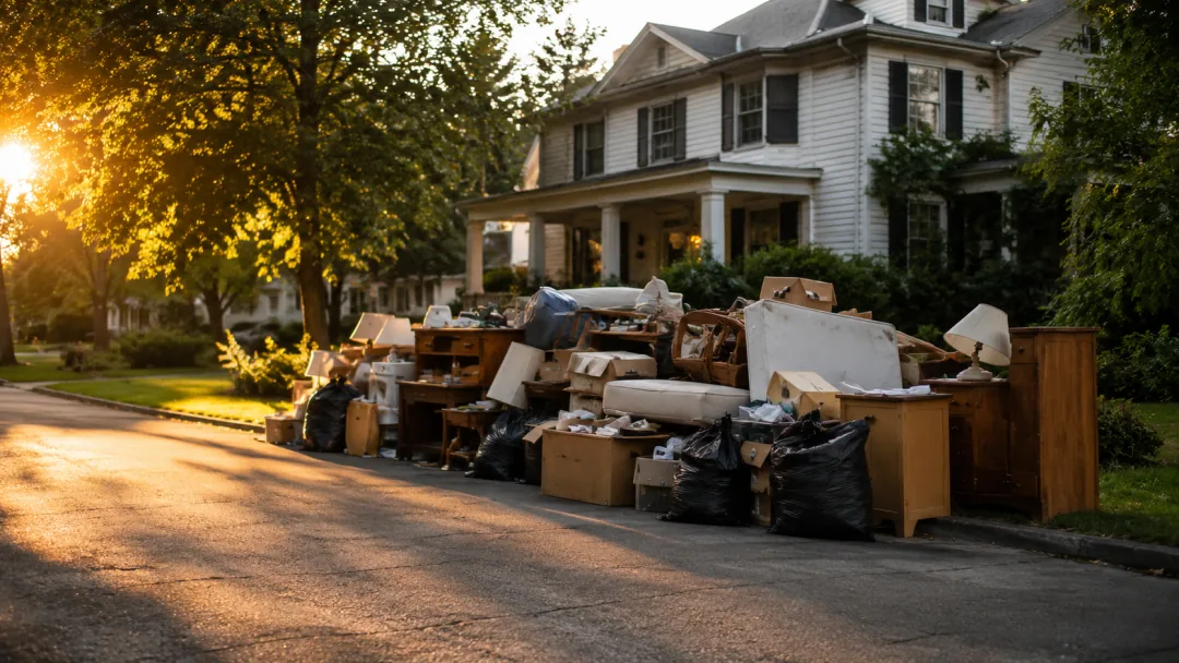 Furniture, boxes and trash bags lining a suburban curb in evening light