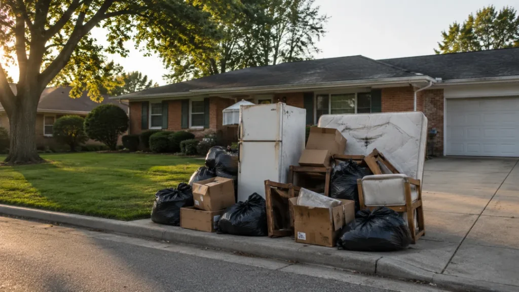 An old refrigerator, mattress and bagged junk set at the curb of a brick ranch home