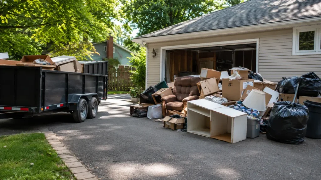 Dump trailer backed into a driveway beside cabinets, boxes and bagged household junk