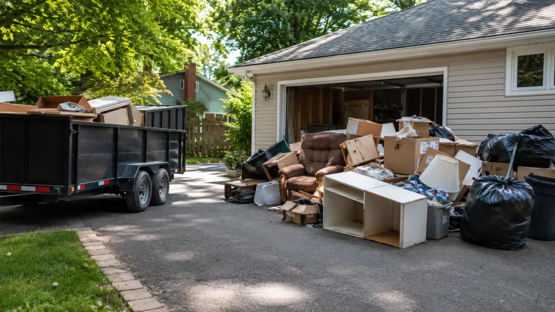 Dump trailer backed into a driveway beside cabinets, boxes and bagged household junk