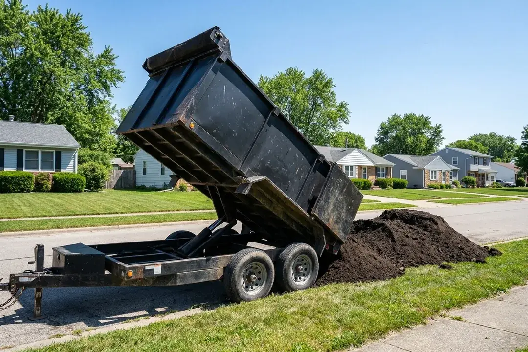 Dump trailer unloading topsoil along a suburban street verge
