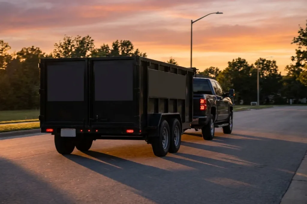 Pickup truck towing a loaded dump trailer down a road at sunset