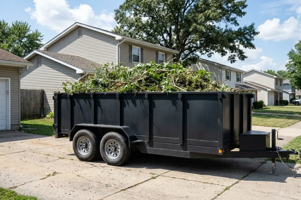 Dump trailer heaped with cut branches and yard brush parked in a driveway