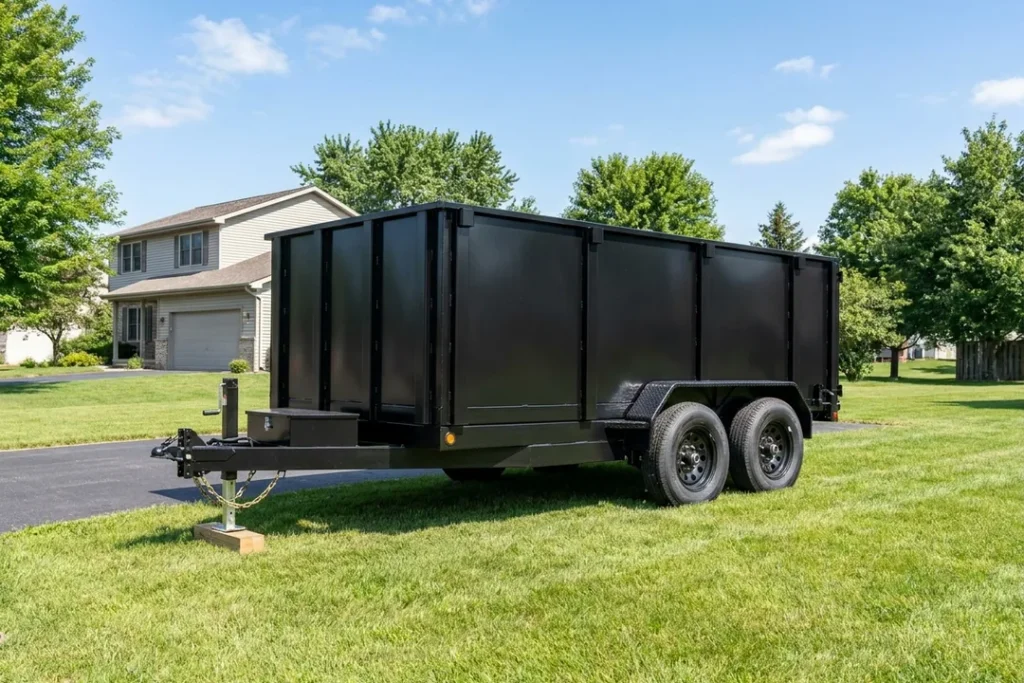 Empty rental dump trailer parked level on a lawn, ready to be loaded