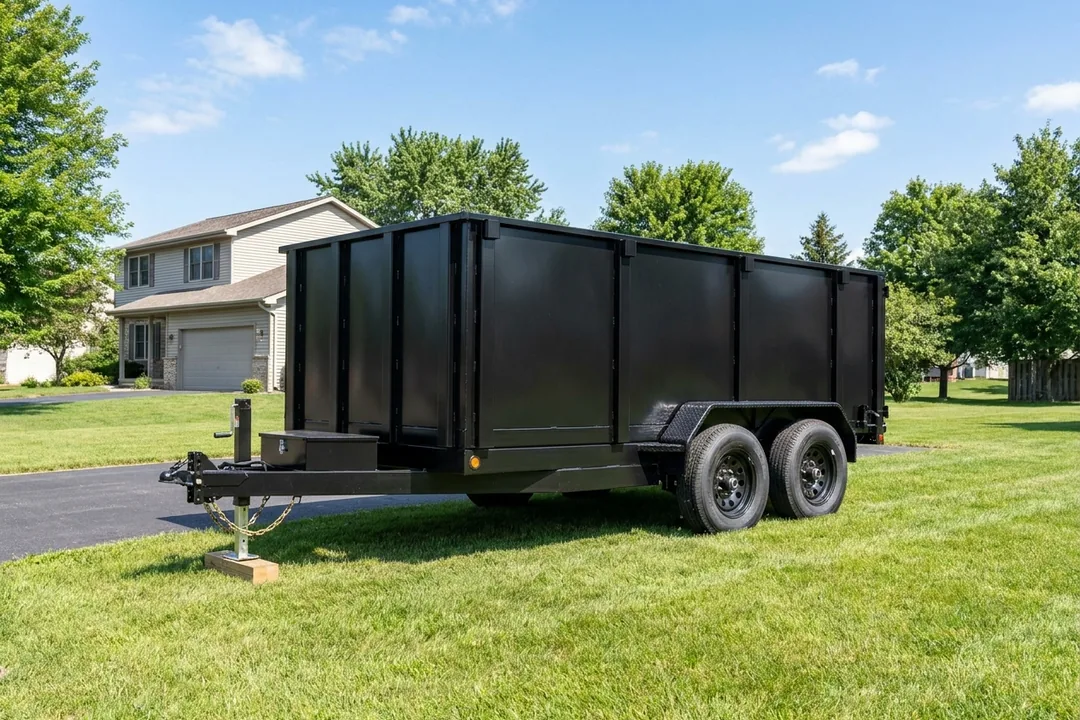 Empty rental dump trailer parked level on a lawn, ready to be loaded