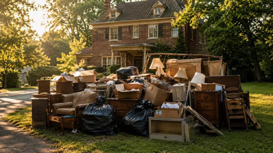 Furniture, boxes and bagged belongings from a whole-home cleanout stacked at the curb