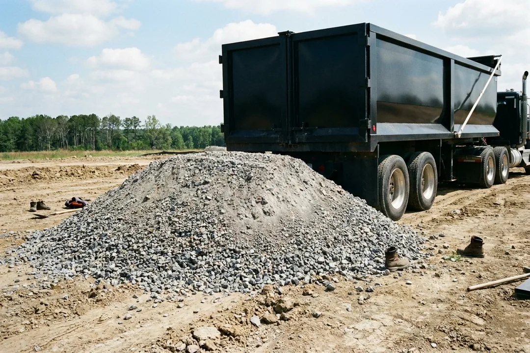 Delivered pile of crushed rock and gravel on a bare dirt job site