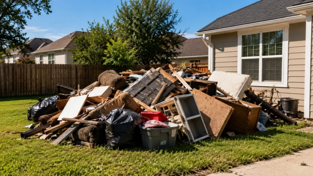 Heap of scrap wood, furniture and bagged debris piled beside a suburban home