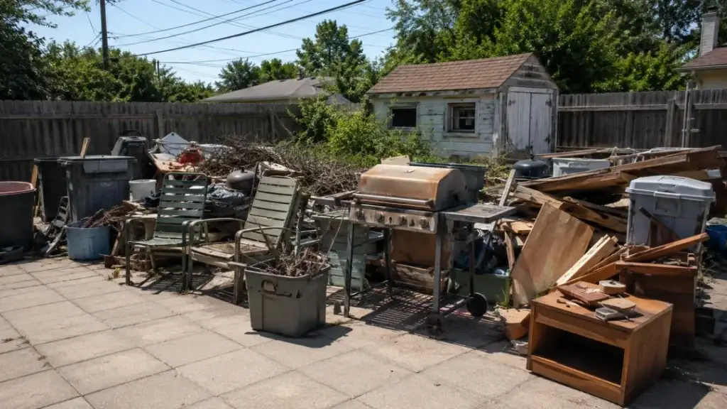 Old grills, chairs and scrap wood cleared from a weathered backyard shed