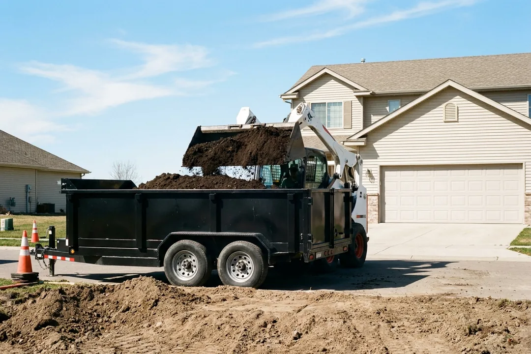 Skid steer lifting a bucket of soil into a dump trailer on a driveway