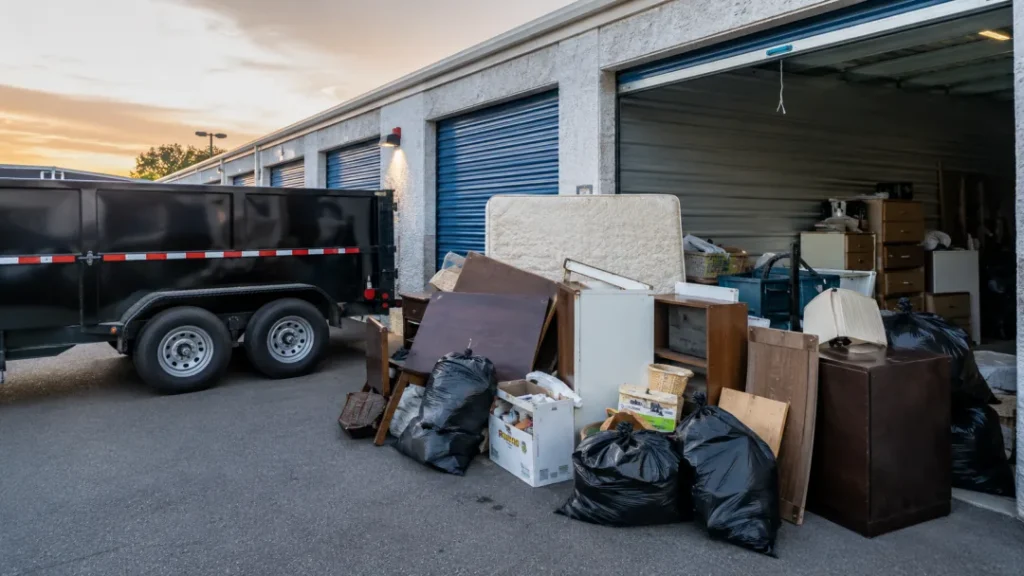 Dump trailer parked outside a storage unit during a cleanout, furniture and bags alongside