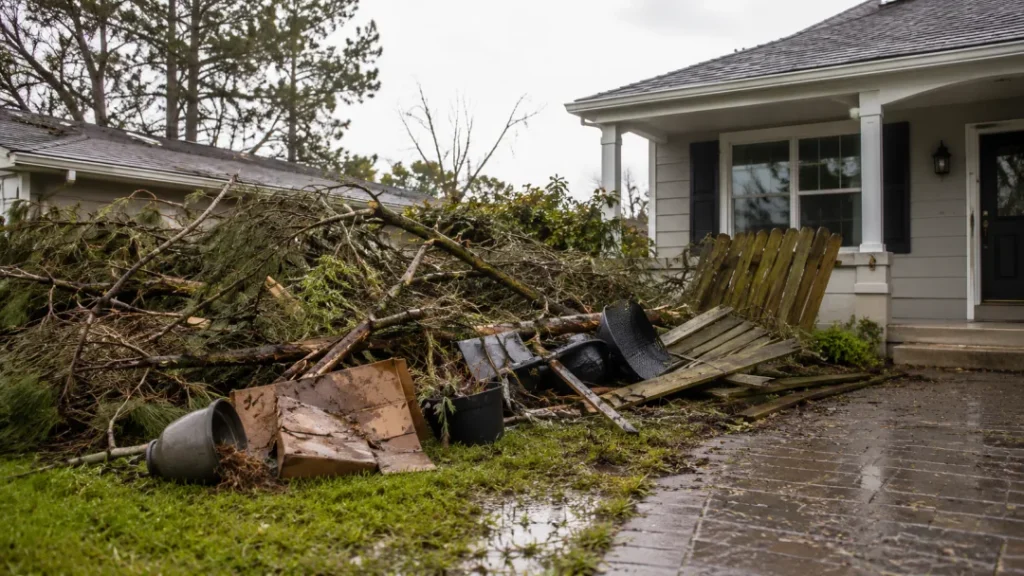 Fallen branches, broken fencing and storm debris piled in a front yard