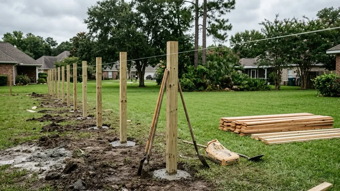 A line of new 4x4 fence posts set plumb in concrete along a taut string line, with cedar pickets stacked nearby