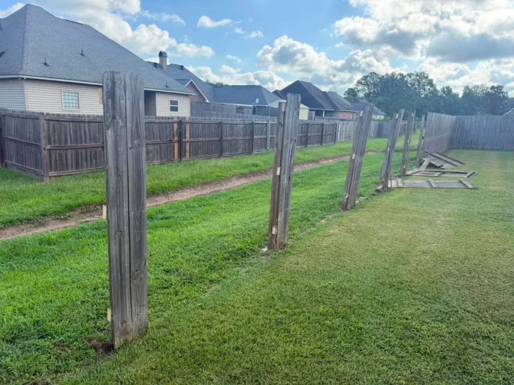 Old wood fence panels removed and stacked, with the original posts still standing, before a new fence installation in Denham Springs.