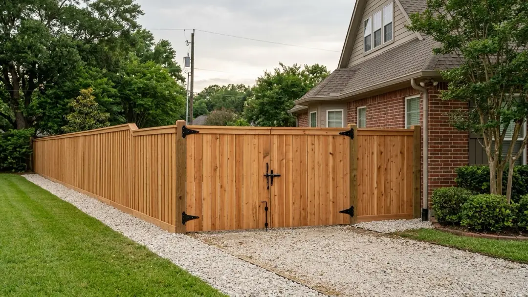 Finished cedar privacy fence with a wide double drive gate on heavy hinges beside a brick home
