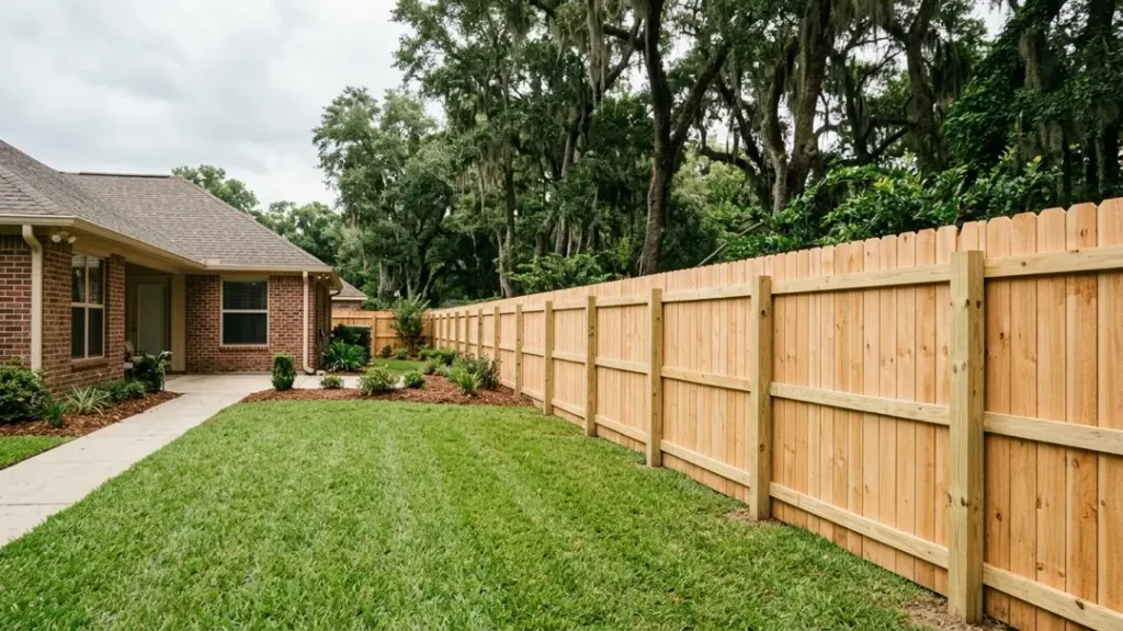 Newly installed cedar privacy fence running along the back of a Denham Springs yard