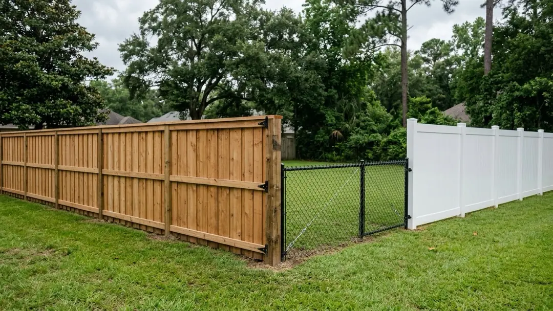 New wood privacy fence, black chain link, and white vinyl fence panels meeting at a property corner